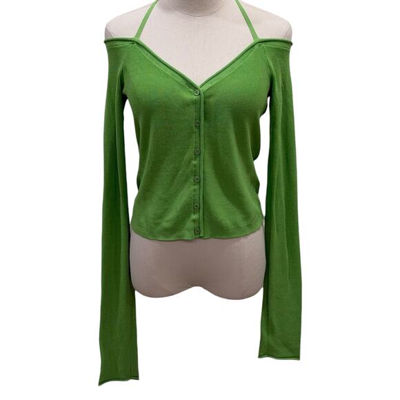 Good American Stretch Rib Knit Off Shoulder Top/Cardi In Lime - Picture 2 of 6